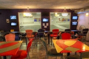 Lounge faces dance studio 2 and features closed circuit television feeds from other studios